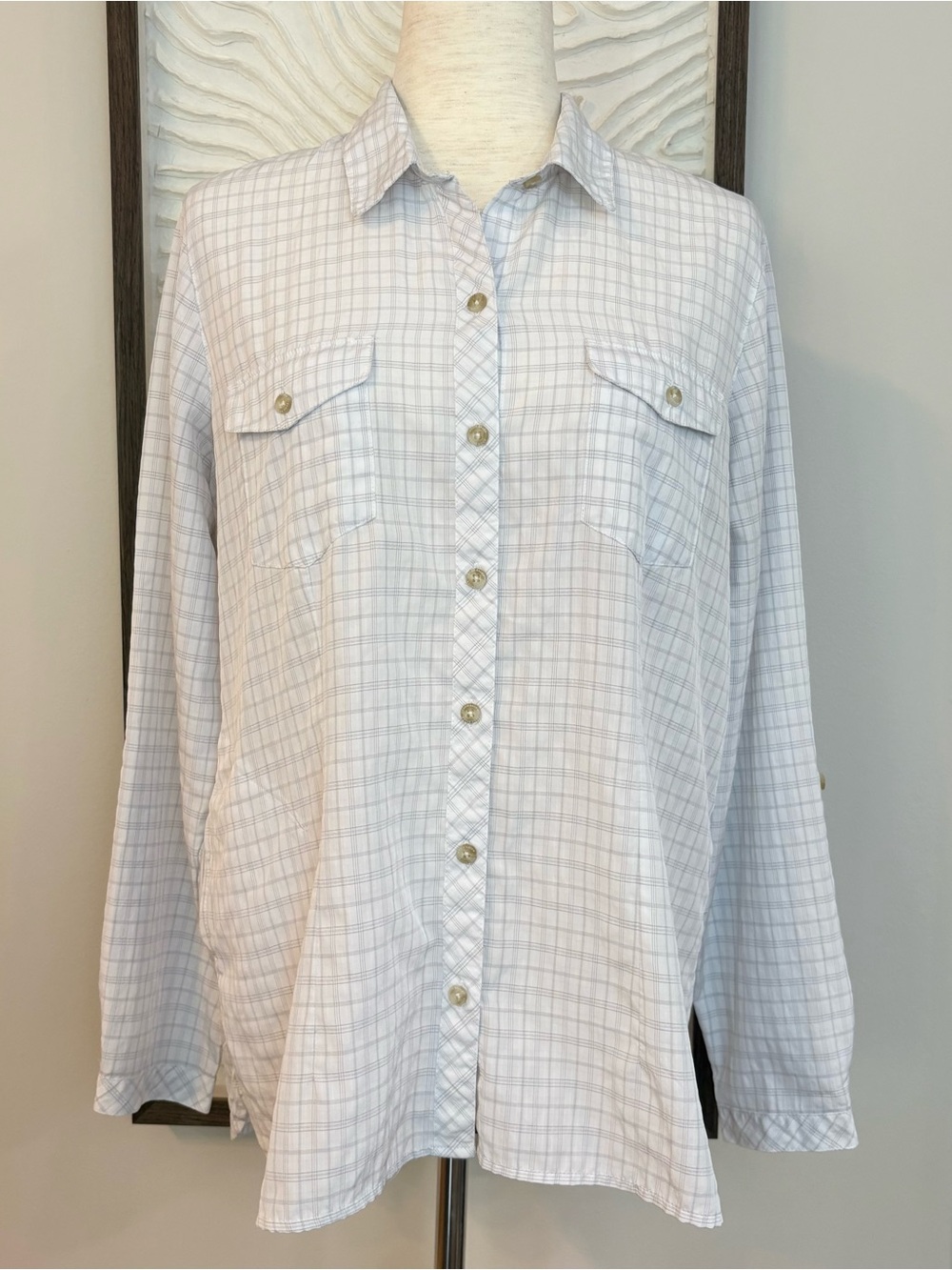 Eddie Bauer Travex Light Gray and White Plaid Button-Down Shirt